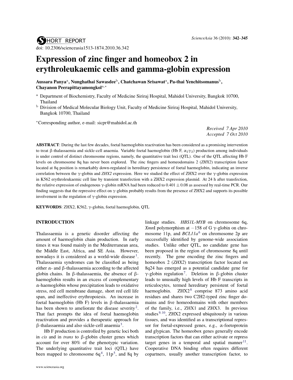 Expression of Zinc Finger and Homeobox 2 in Erythroleukaemic