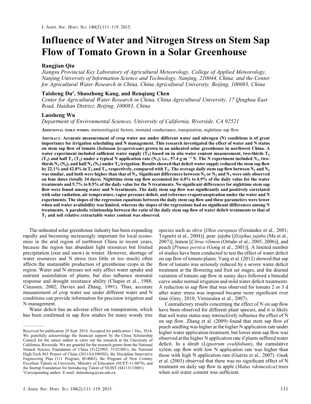 Influence of Water and Nitrogen Stress on Stem Sap Flow of Tomato Grown in a Solar Greenhouse