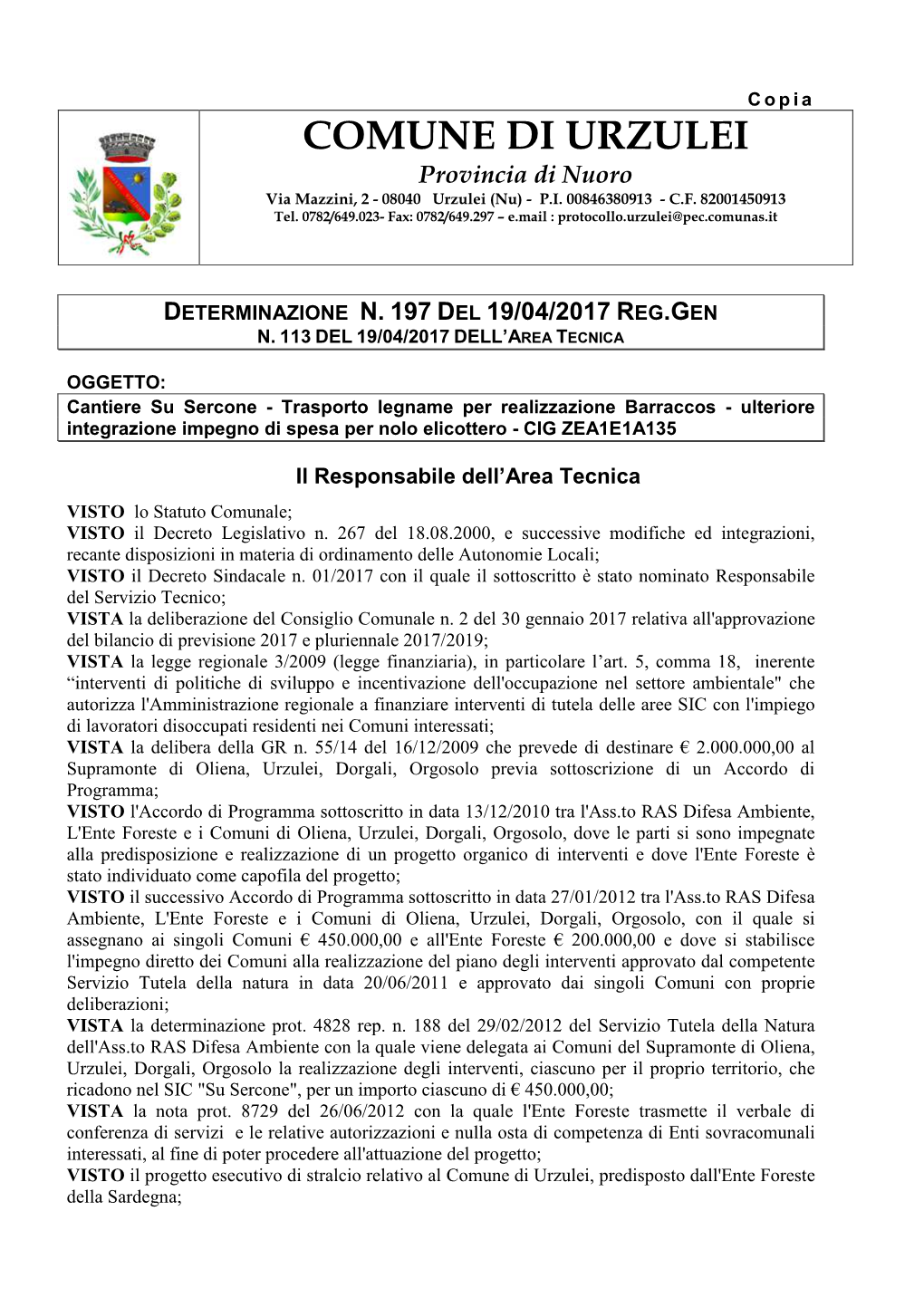 COMUNE DI URZULEI Provincia Di Nuoro Via Mazzini, 2 - 08040 Urzulei (Nu) - P.I