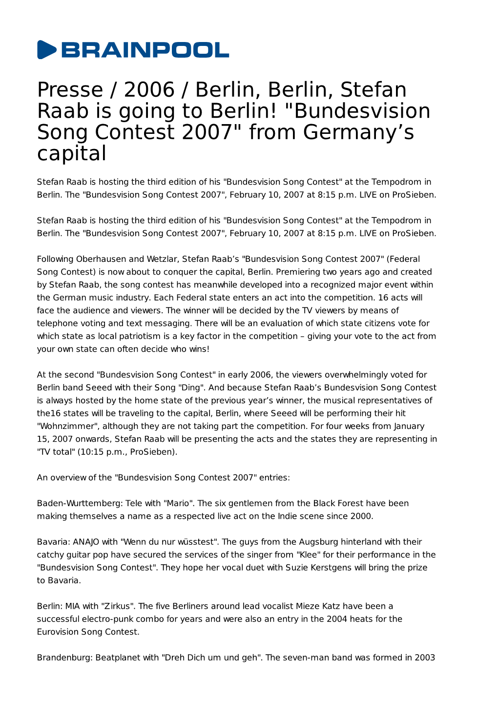 Bundesvision Song Contest 2007" from Germany’S Capital