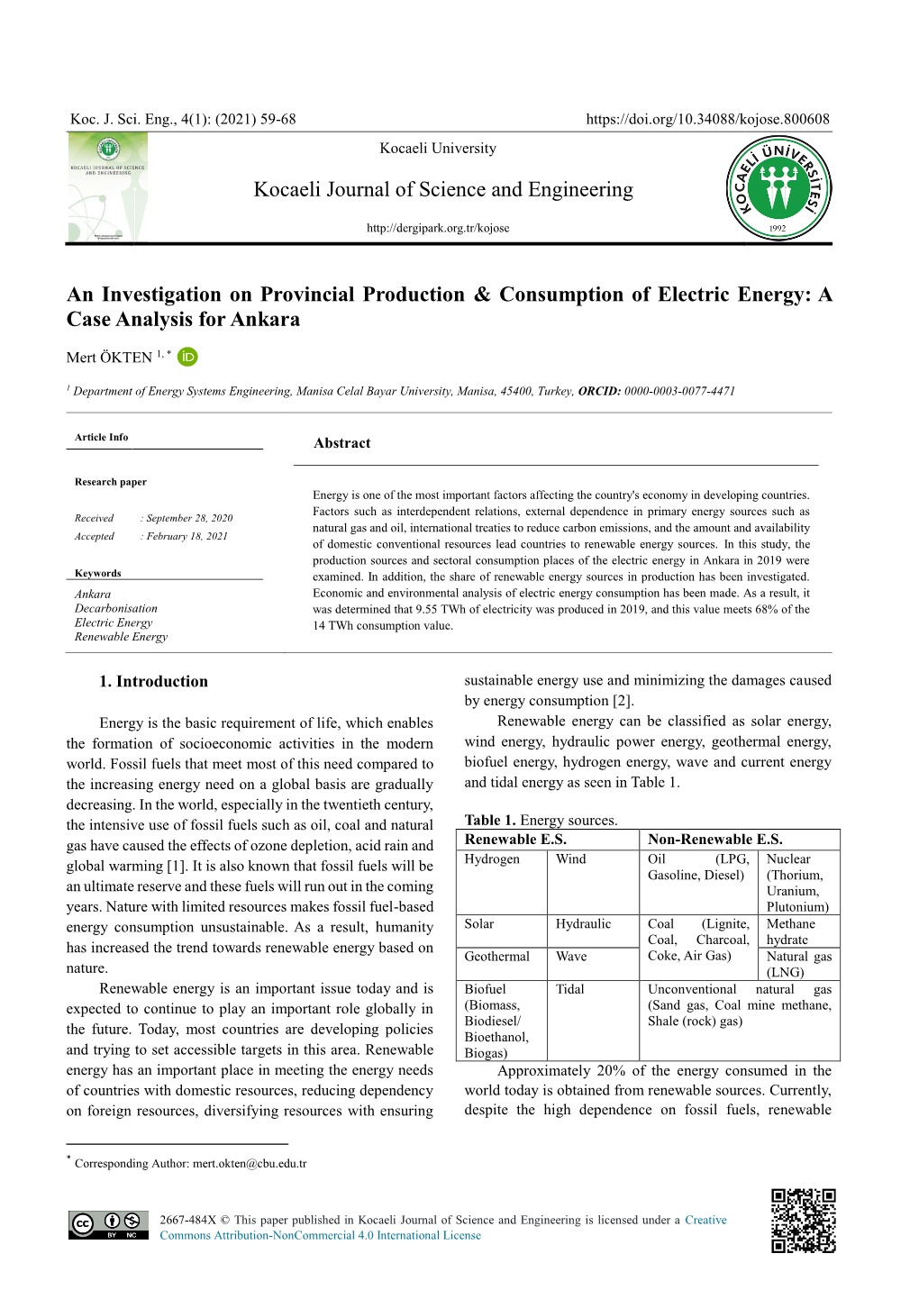 Kocaeli Journal of Science and Engineering An