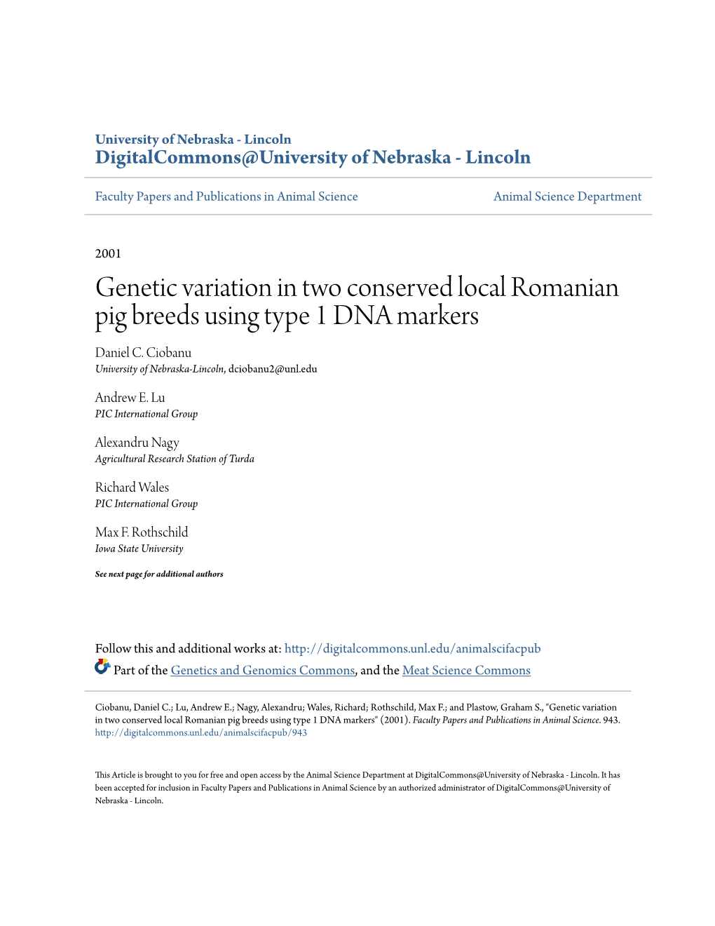 Genetic Variation in Two Conserved Local Romanian Pig Breeds Using Type 1 DNA Markers Daniel C