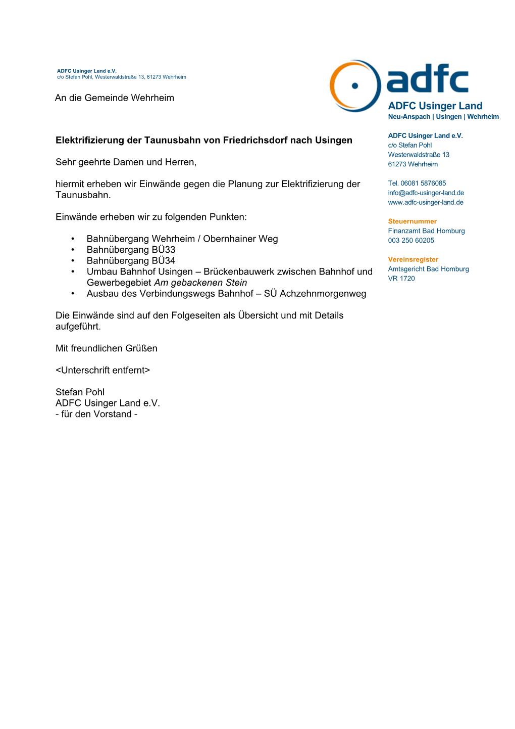 Einwände Des ADFC Usinger Land E.V. Zur Elektrifizierung Der