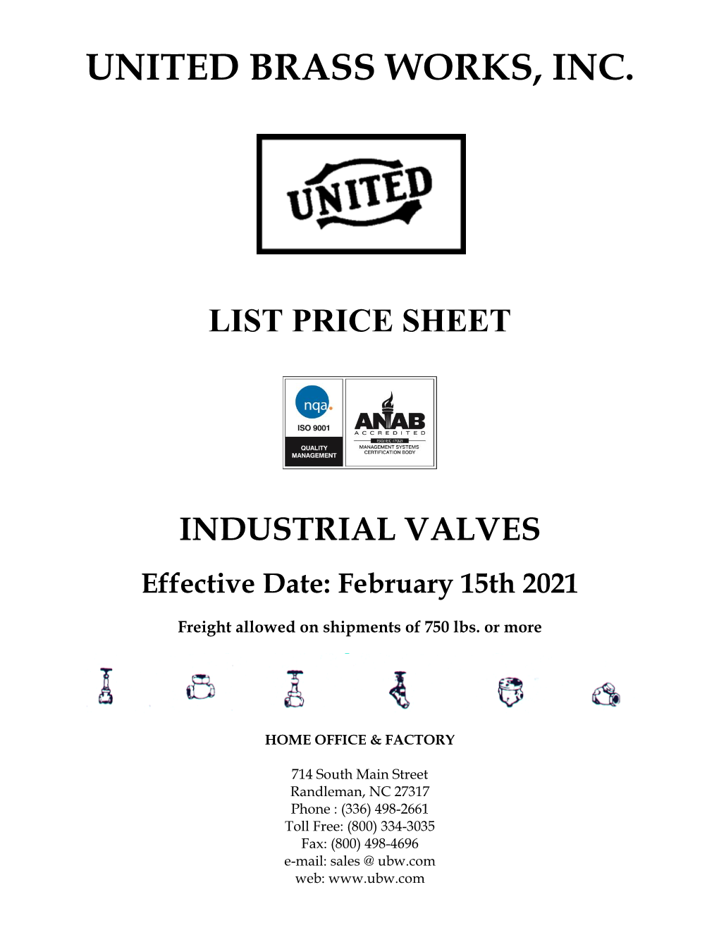 United Brass Works, Inc. List Price Sheet Industrial