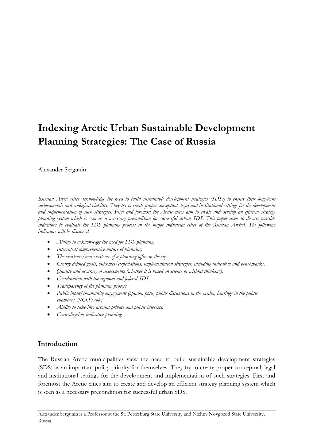Indexing Arctic Urban Sustainable Development Planning Strategies: the Case of Russia