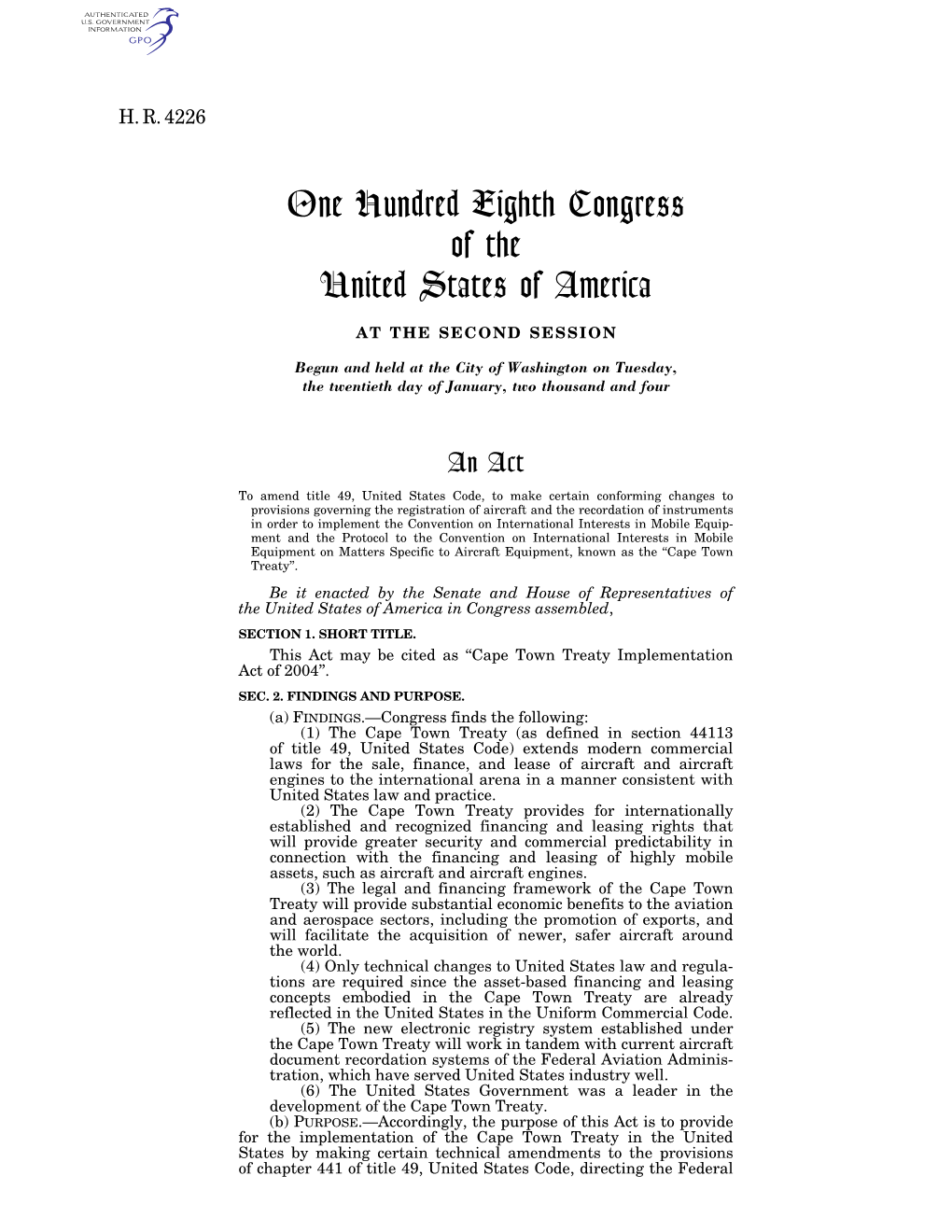 One Hundred Eighth Congress of the United States of America