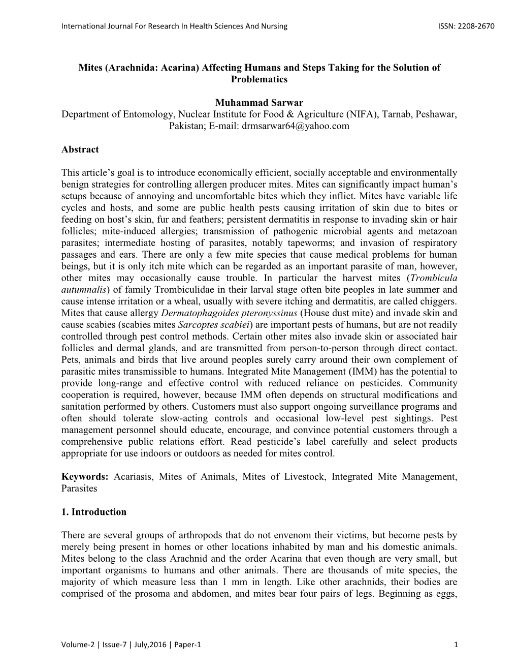 Mites (Arachnida: Acarina) Affecting Humans and Steps Taking for the Solution of Problematics