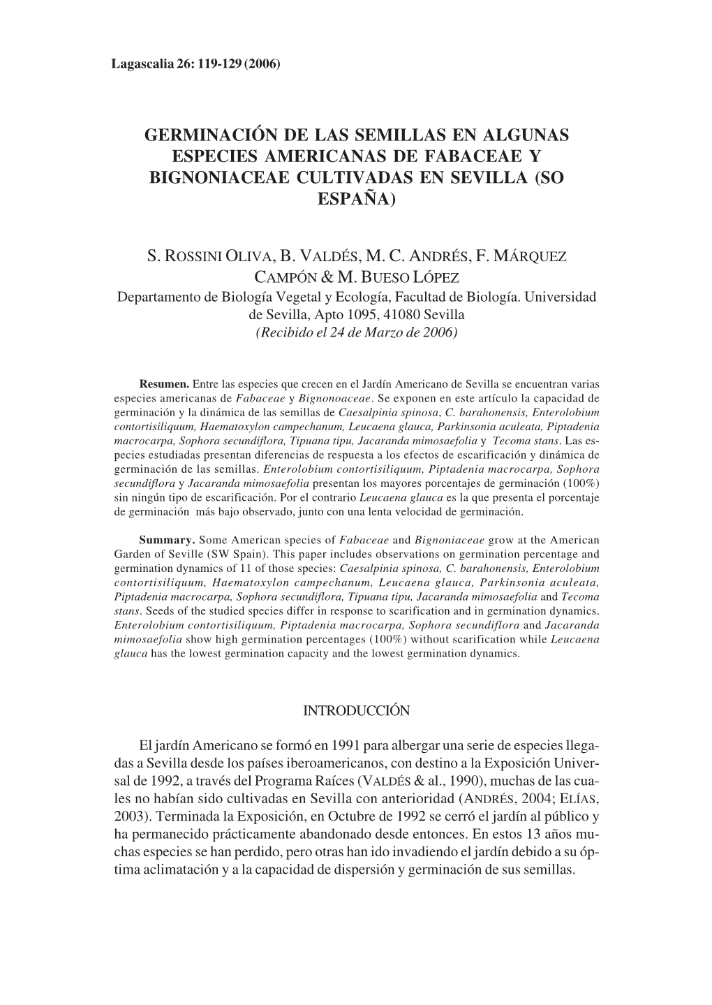 Germinación De Las Semillas En Algunas Especies Americanas De Fabaceae Y Bignoniaceae Cultivadas En Sevilla (So España)