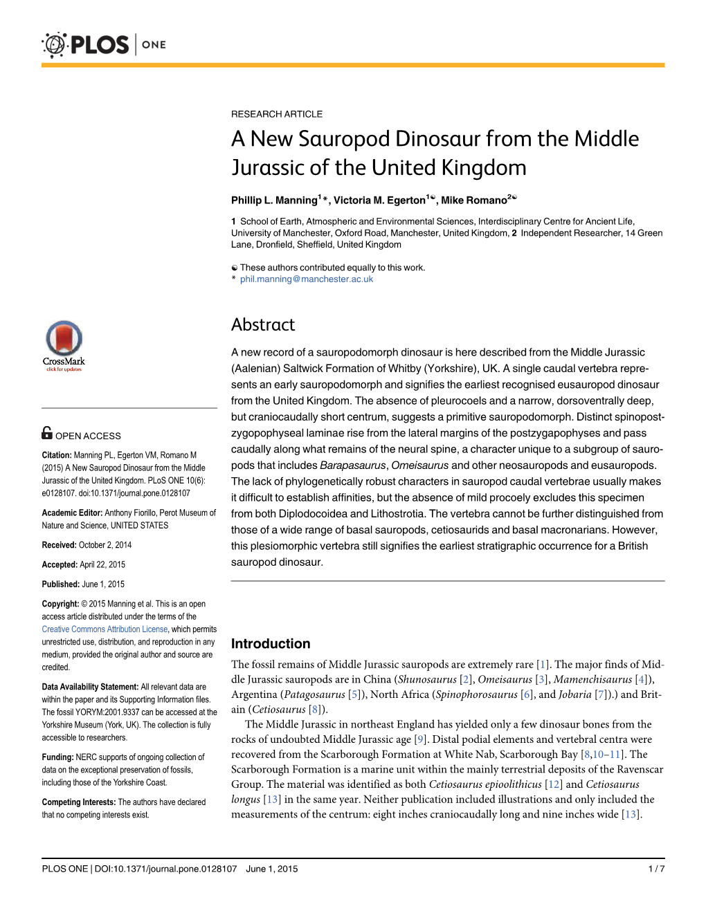 A New Sauropod Dinosaur from the Middle Jurassic of the United Kingdom