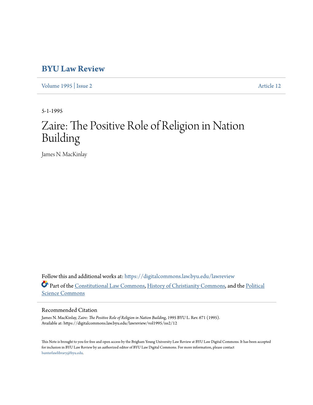 Zaire: the Positive Role of Religion in Nation Building, 1995 BYU L