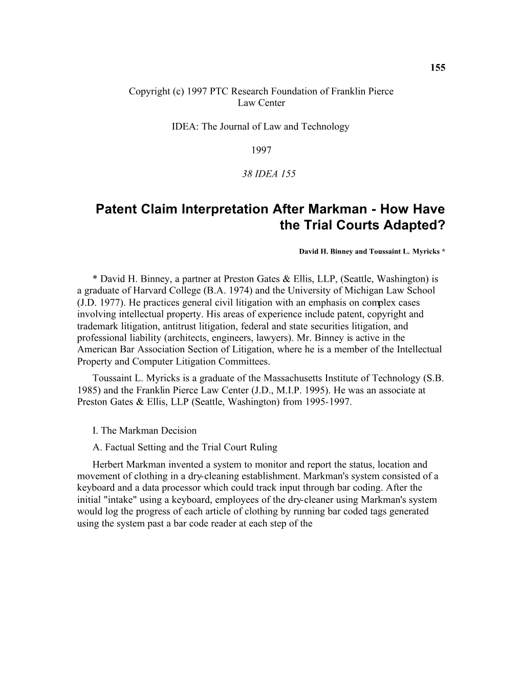 Patent Claim Interpretation After Markman - How Have the Trial Courts Adapted?