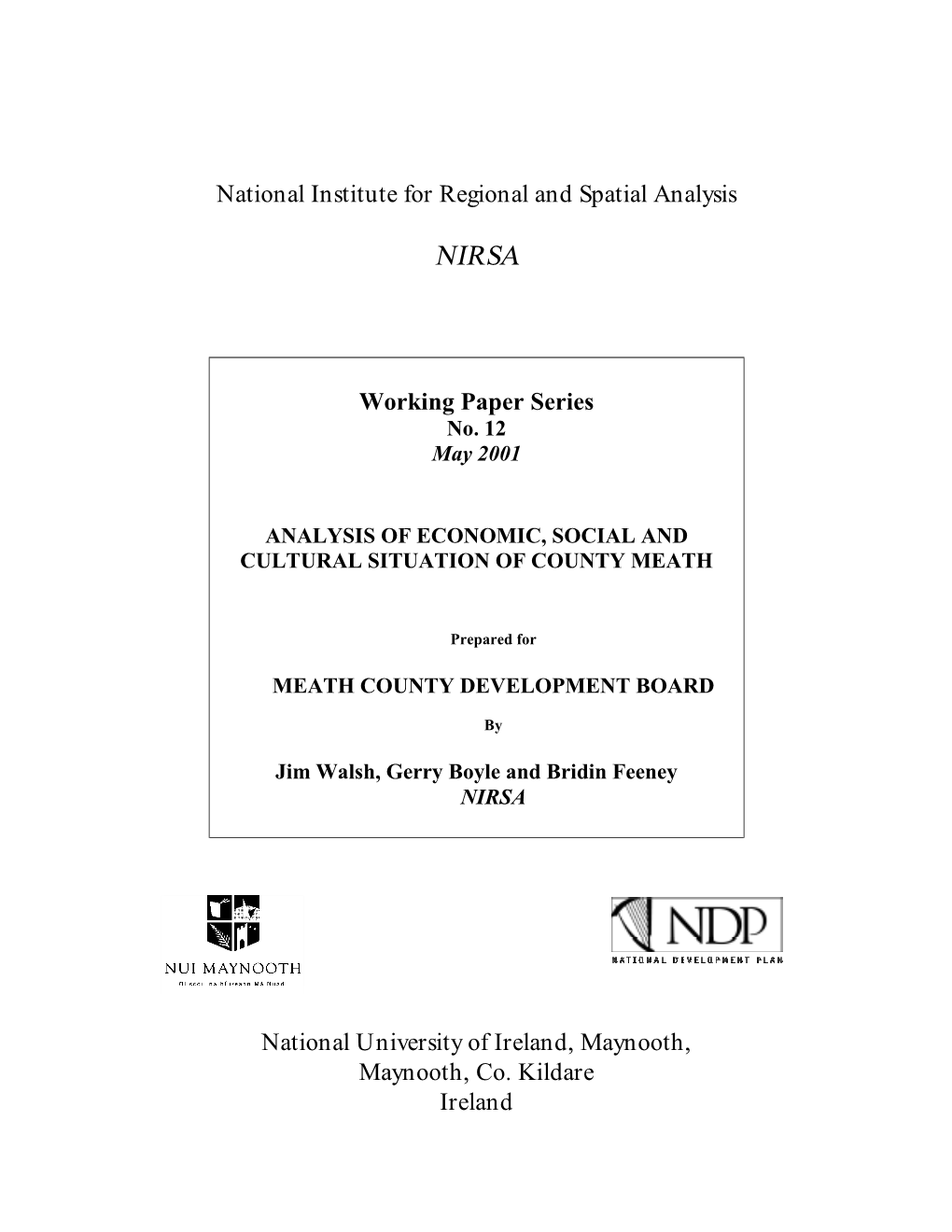 National Institute for Regional and Spatial Analysis Working Paper
