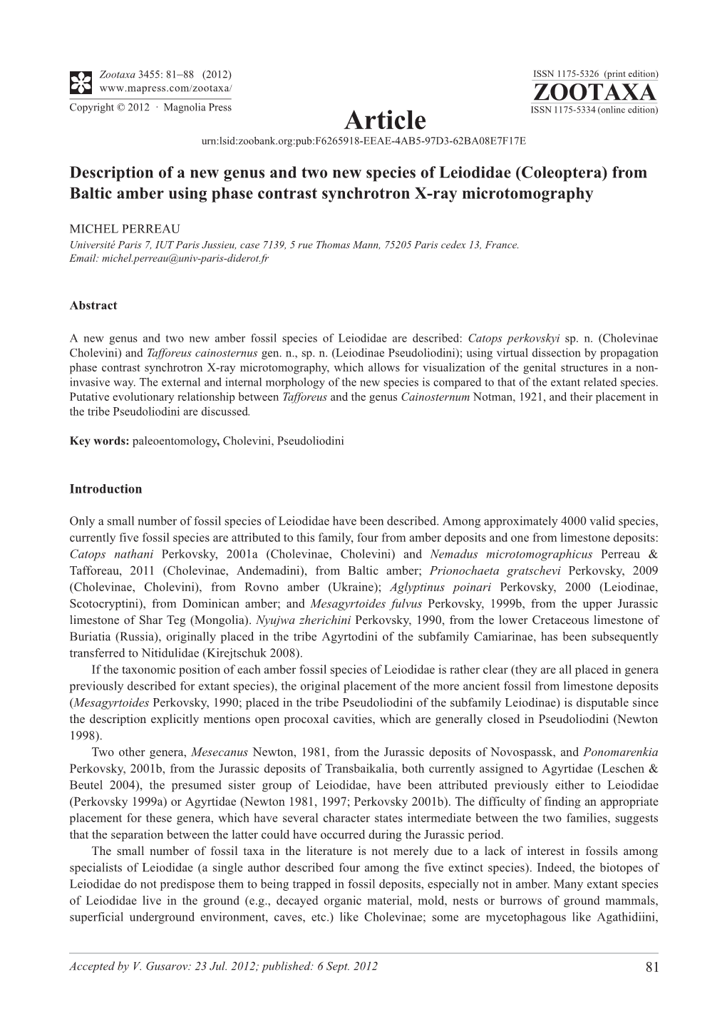 Description of a New Genus and Two New Species of Leiodidae (Coleoptera) from Baltic Amber Using Phase Contrast Synchrotron X-Ray Microtomography