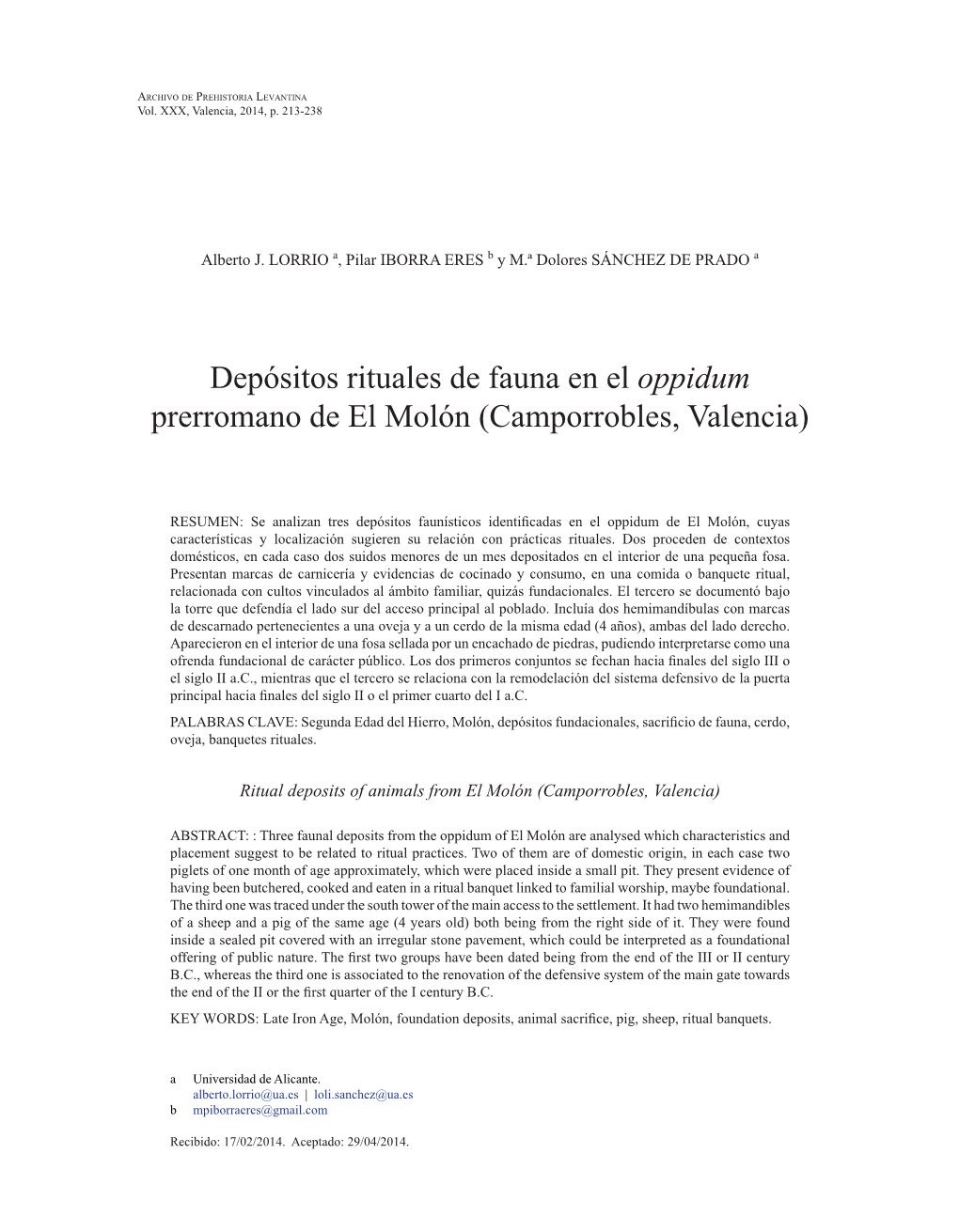 Depósitos Rituales De Fauna En El Oppidum Prerromano De El Molón (Camporrobles, Valencia)