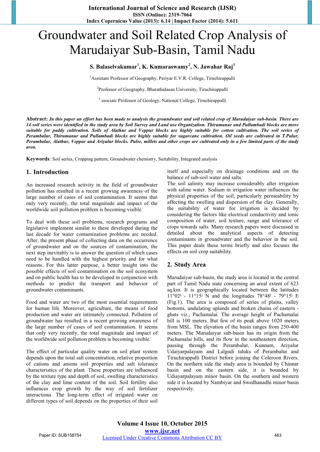 Groundwater and Soil Related Crop Analysis of Marudaiyar Sub-Basin, Tamil Nadu