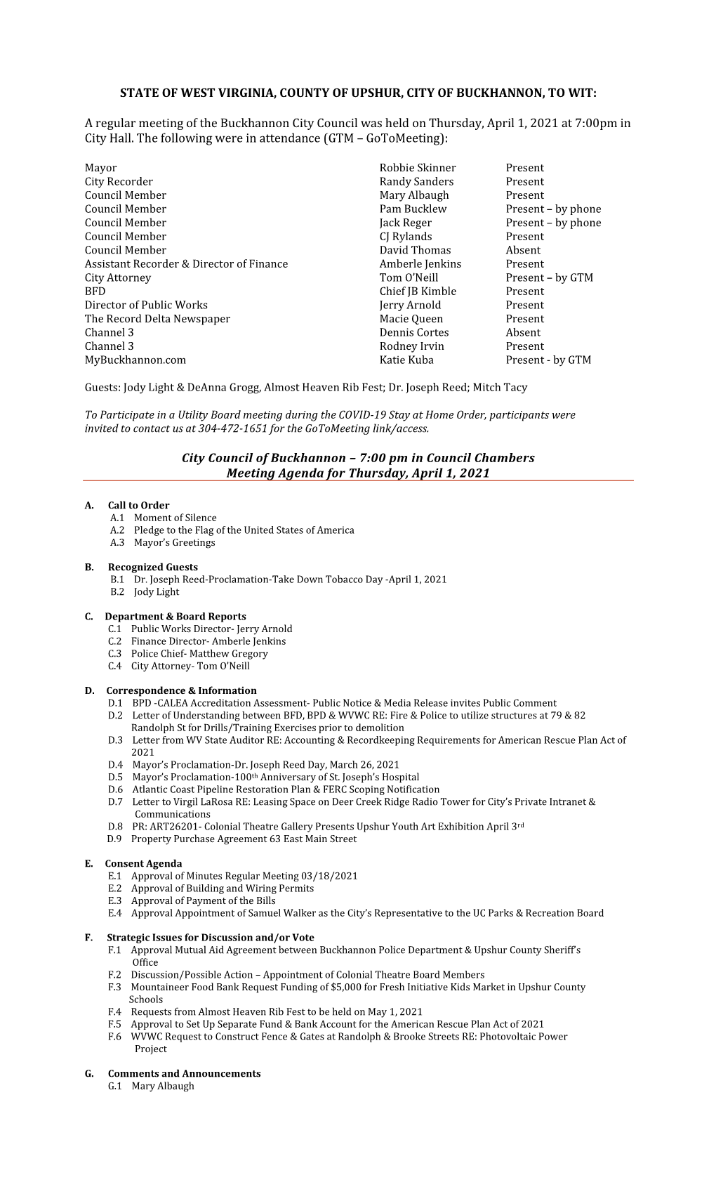 City Council Minutes for April 1, 2021