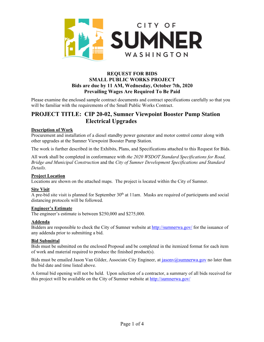 PROJECT TITLE: CIP 20-02, Sumner Viewpoint Booster Pump Station