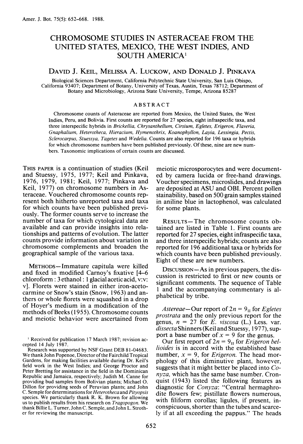 Chromosome Studies in Asteraceae from the United States, Mexico, the West Indies, and South Americaamerica'1