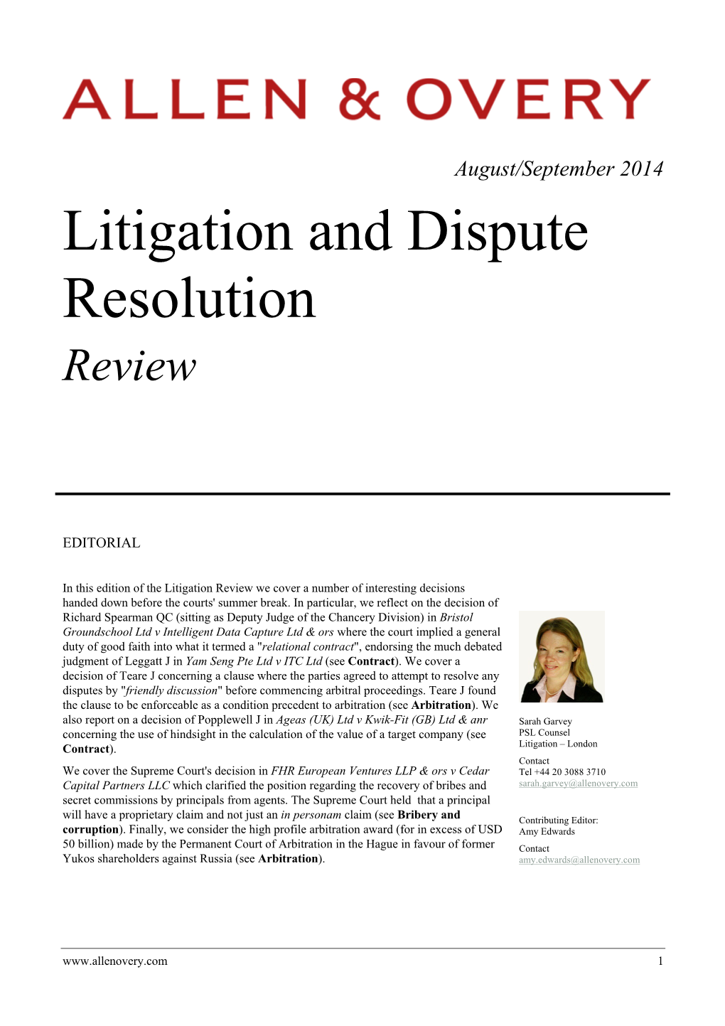 August/September 2014 Litigation and Dispute Resolution Review