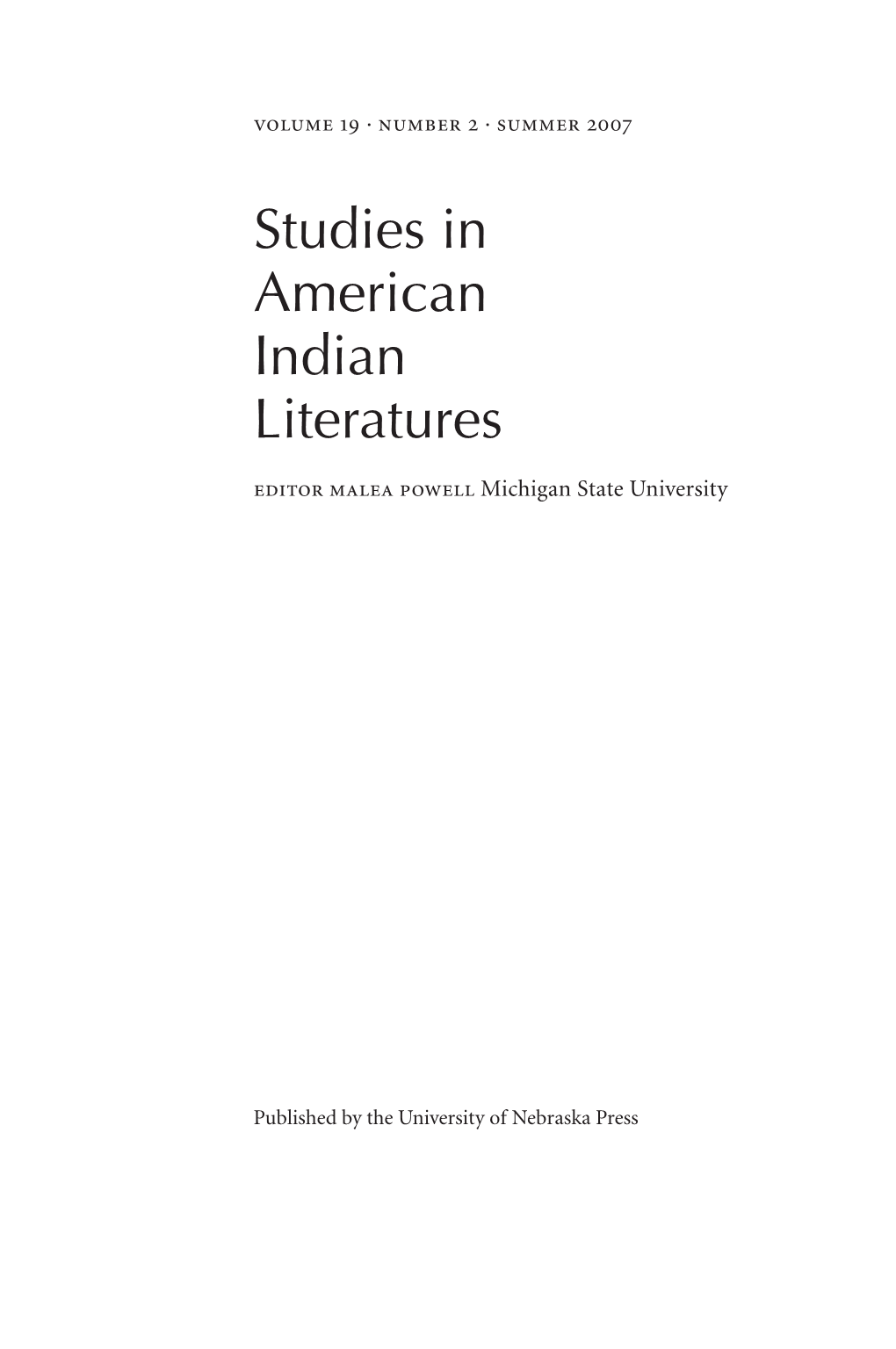 Studies in American Indian Literatures Editor Malea Powell Michigan State University