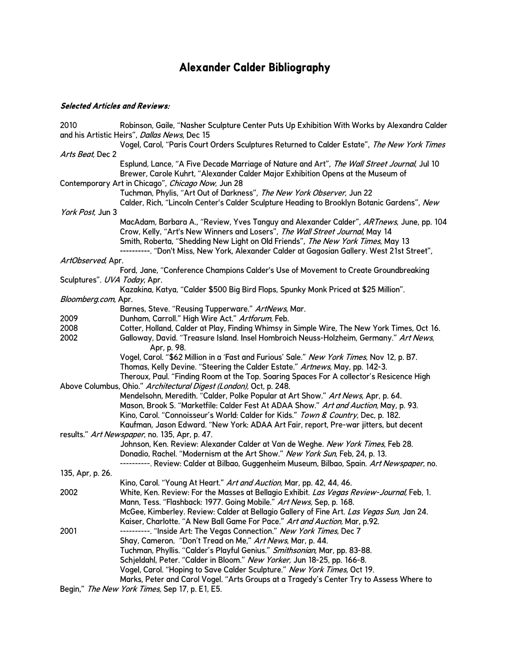 Alexander Calder Bibliography