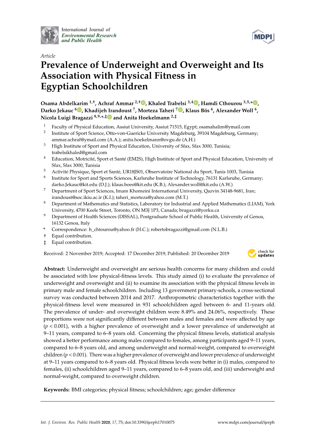 Prevalence of Underweight and Overweight and Its Association with Physical Fitness in Egyptian Schoolchildren