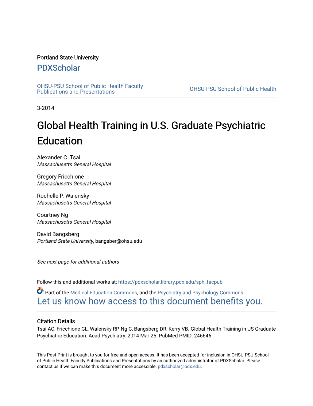 Global Health Training in U.S. Graduate Psychiatric Education