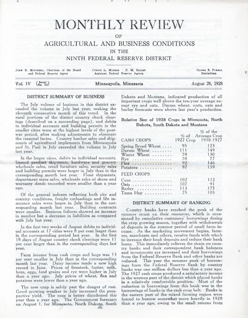 Monthly Review of Agricultural and Business Conditions in the Ninth Federal Reserve District