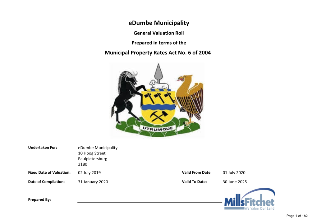 General Valuation Roll Prepared in Terms of the Municipal Property Rates Act No