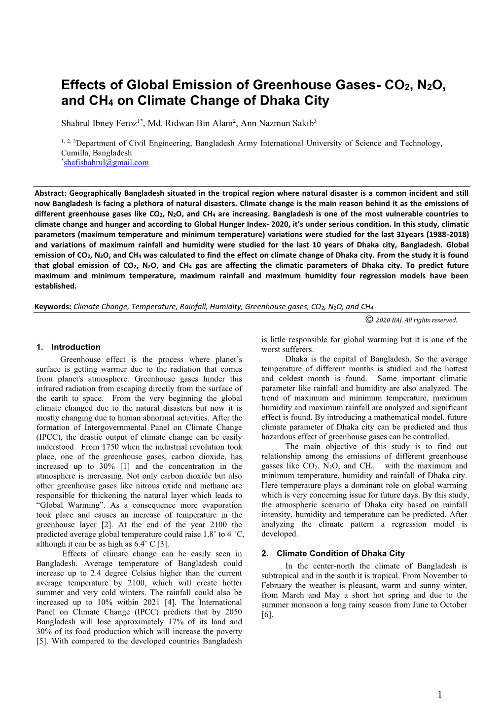 CO2, N2O, and CH4 on Climate Change of Dhaka City