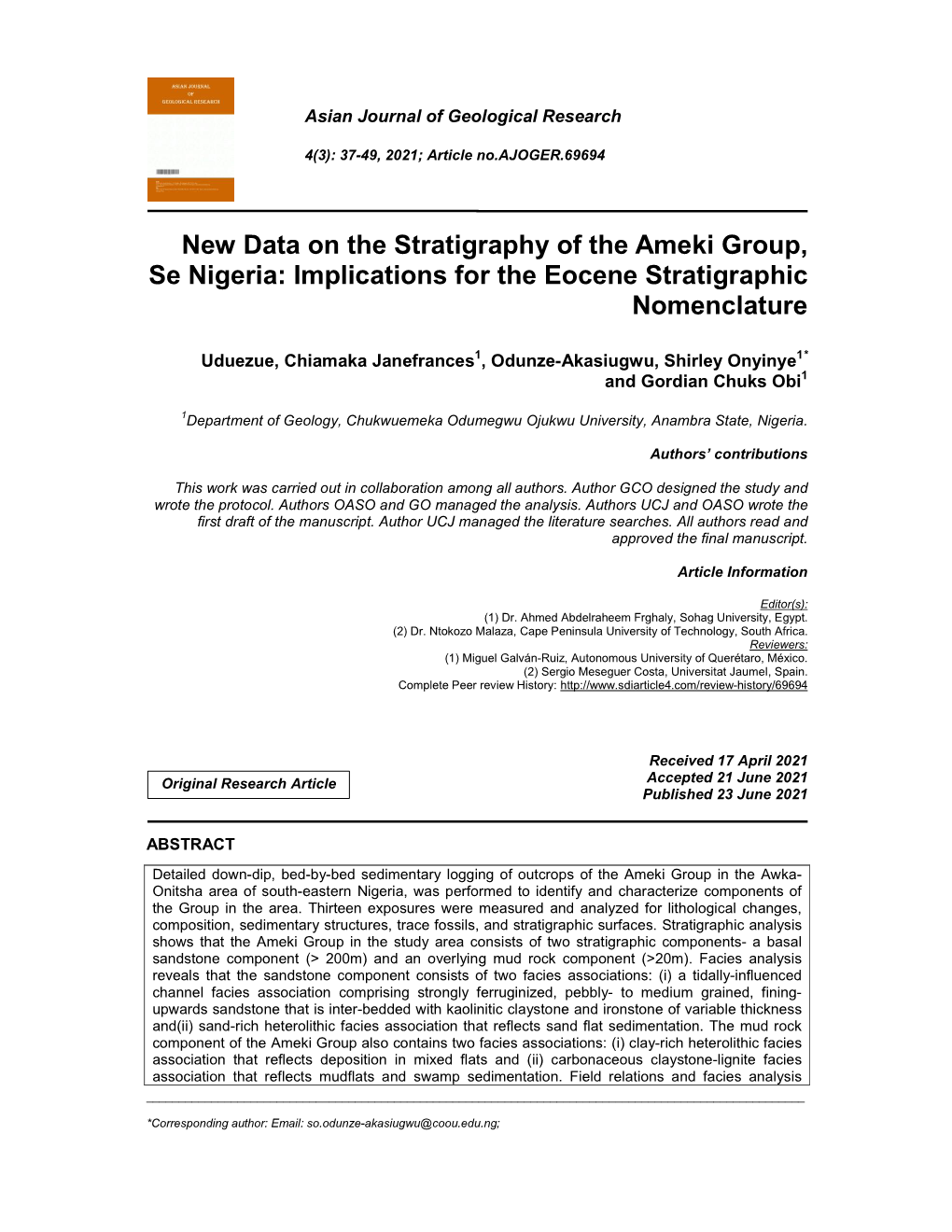 New Data on the Stratigraphy of the Ameki Group, Se Nigeria: Implications for the Eocene Stratigraphic Nomenclature