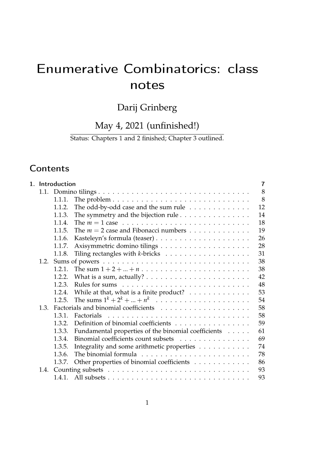 Enumerative Combinatorics: Class Notes