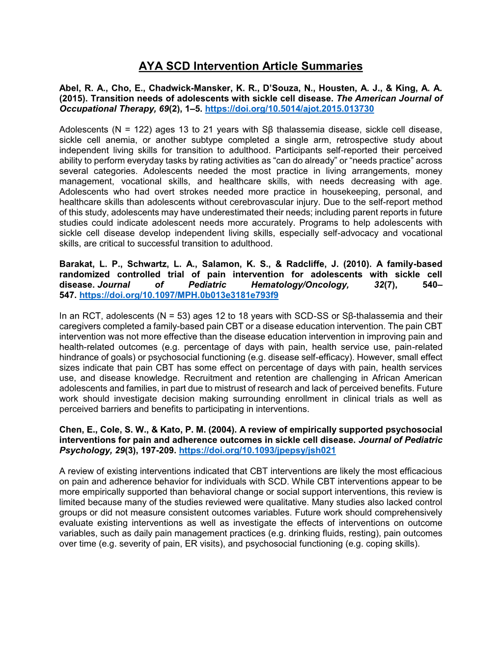 AYA SCD Intervention Article Summaries