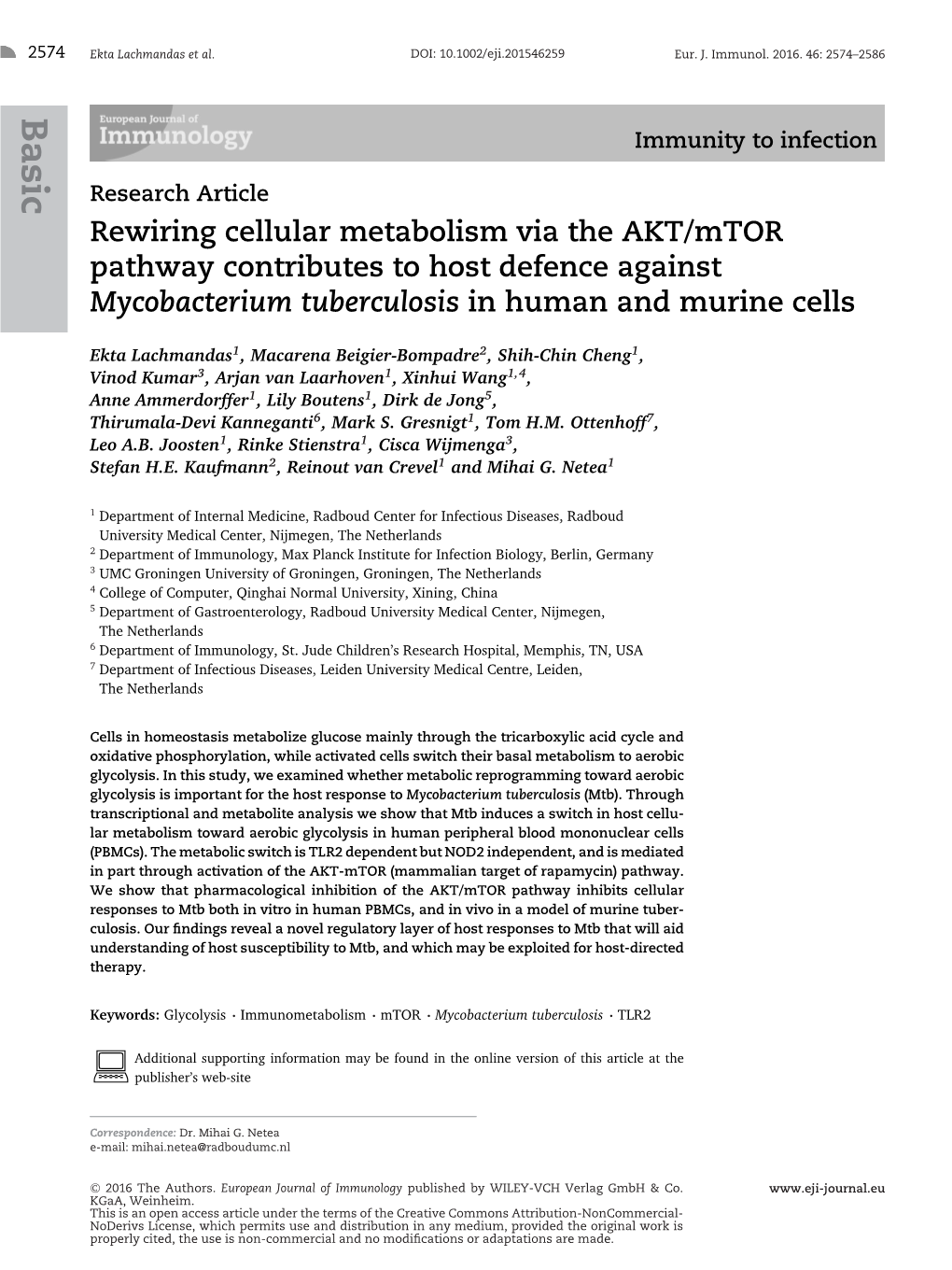 Mtor Pathway Contributes to Host Defence Against