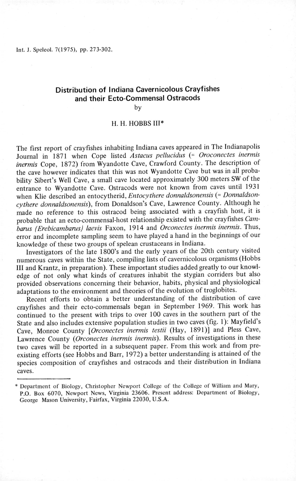 Distribution of Indiana Cavernicolous Crayfishes and Their Ecto-Commensal Ostracods By