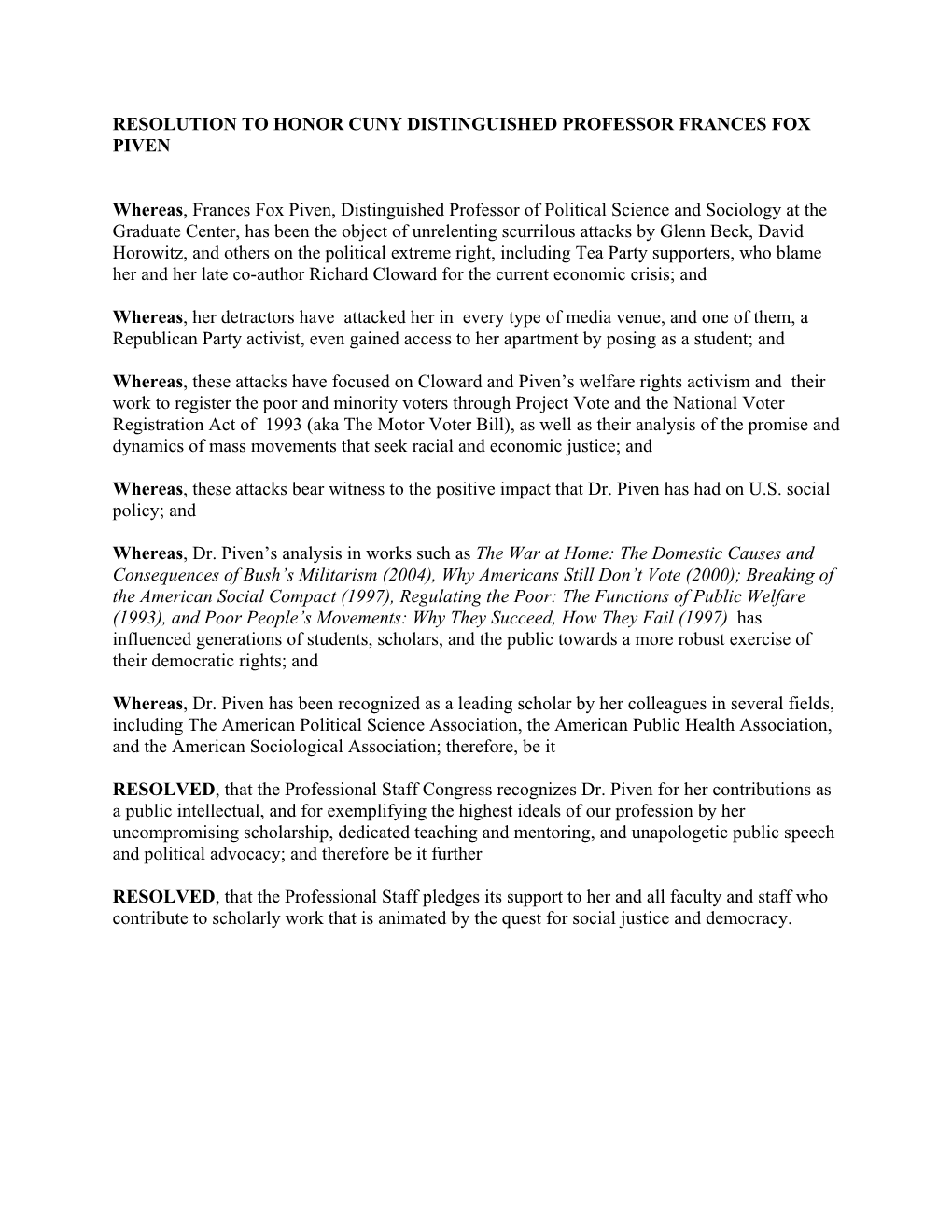 Resolution to Honor Cuny Distinguished Professor Frances Fox Piven