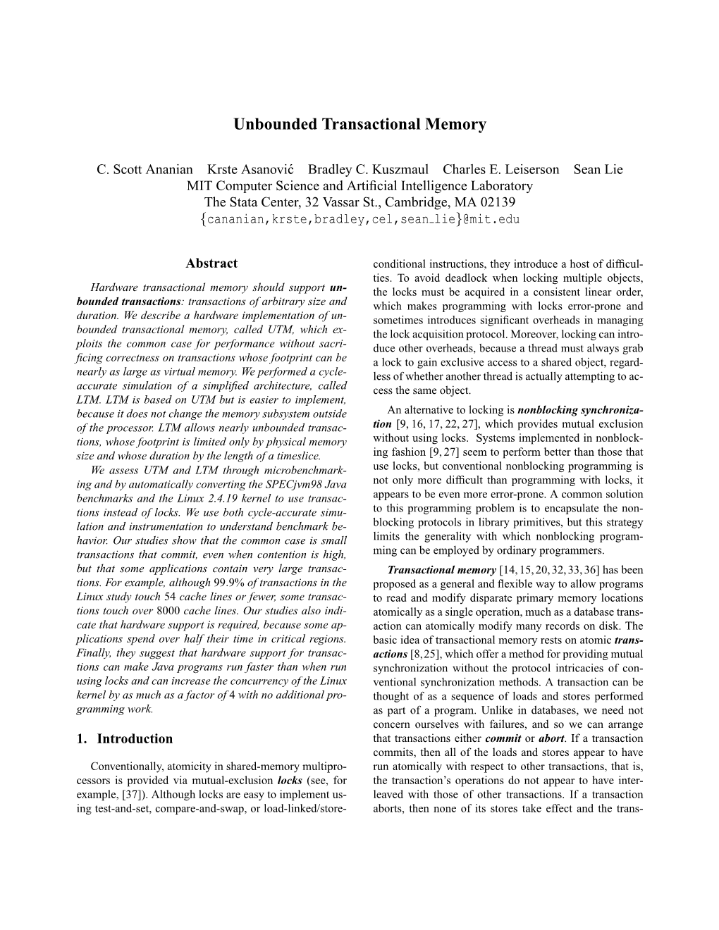 Unbounded Transactional Memory