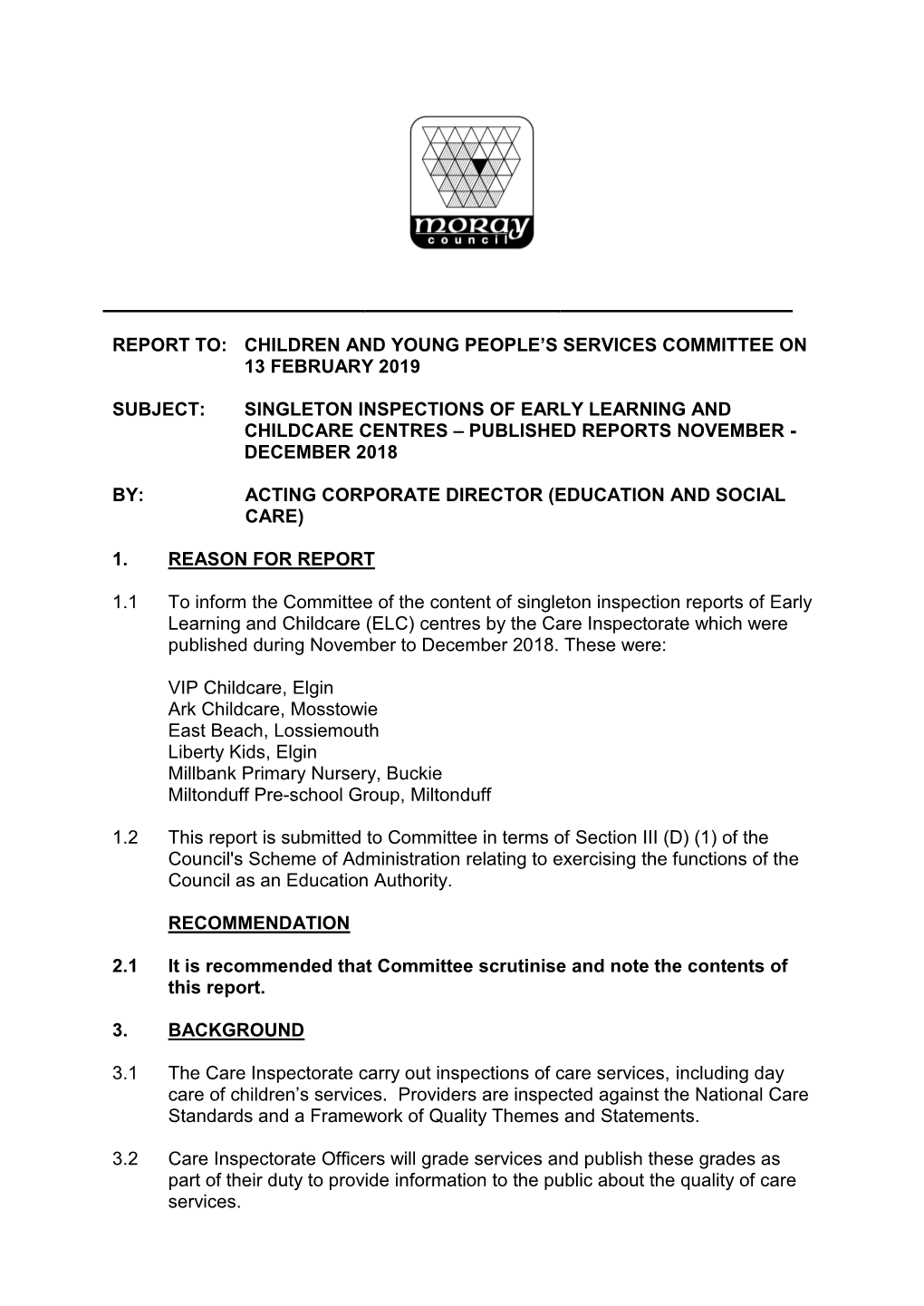 Singleton Inspections of Early Learning and Childcare Centres – Published Reports November - December 2018