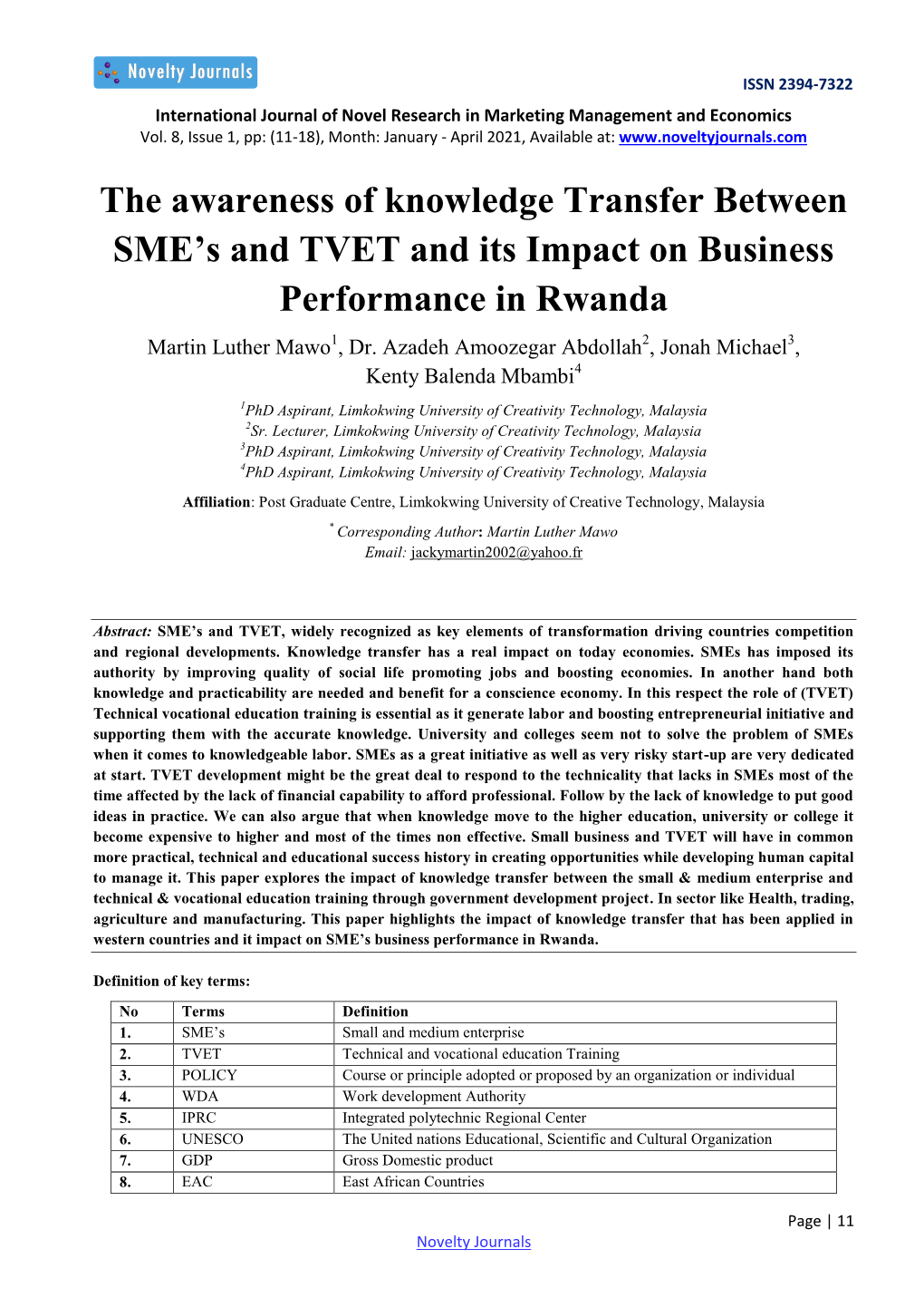 The Awareness of Knowledge Transfer Between SME's and TVET and Its