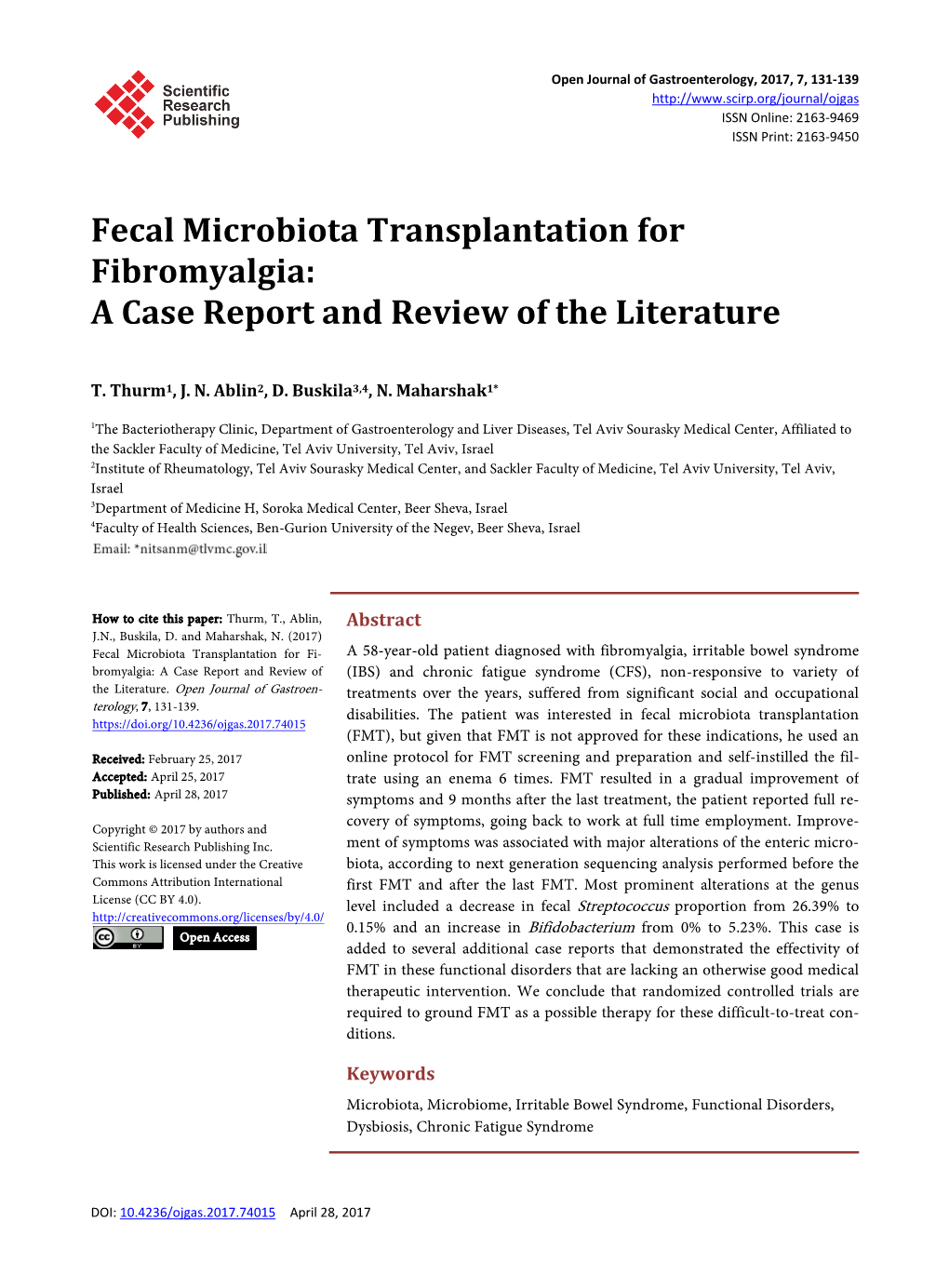 Fecal Microbiota Transplantation for Fibromyalgia: a Case Report and Review of the Literature