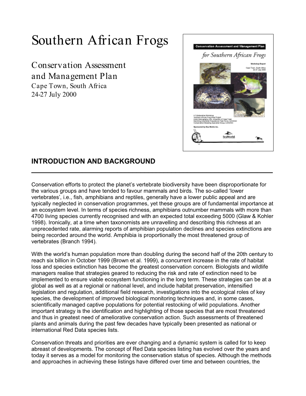 Southern African Frogs, Conservation Assessment and Management Plan, Cape Town, South Africa