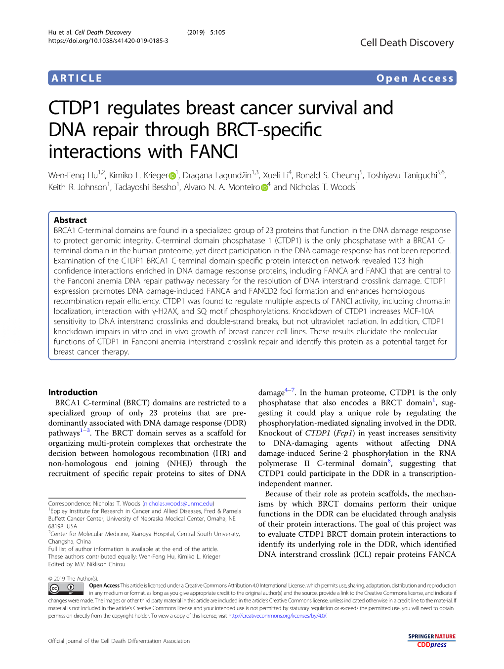 CTDP1 Regulates Breast Cancer Survival and DNA Repair Through