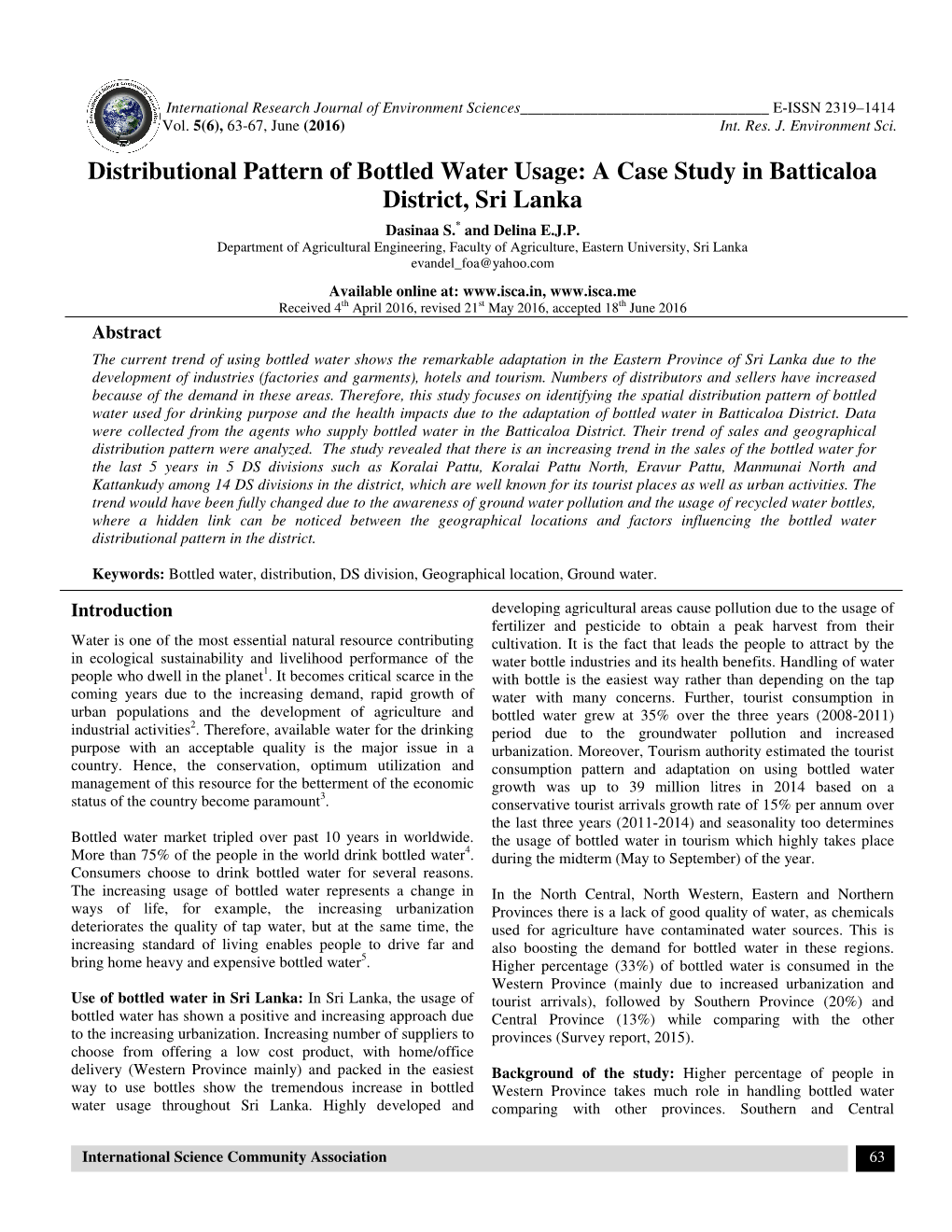 L Pattern of Bottled Water Usage: a Case Study in Battica District, Sri