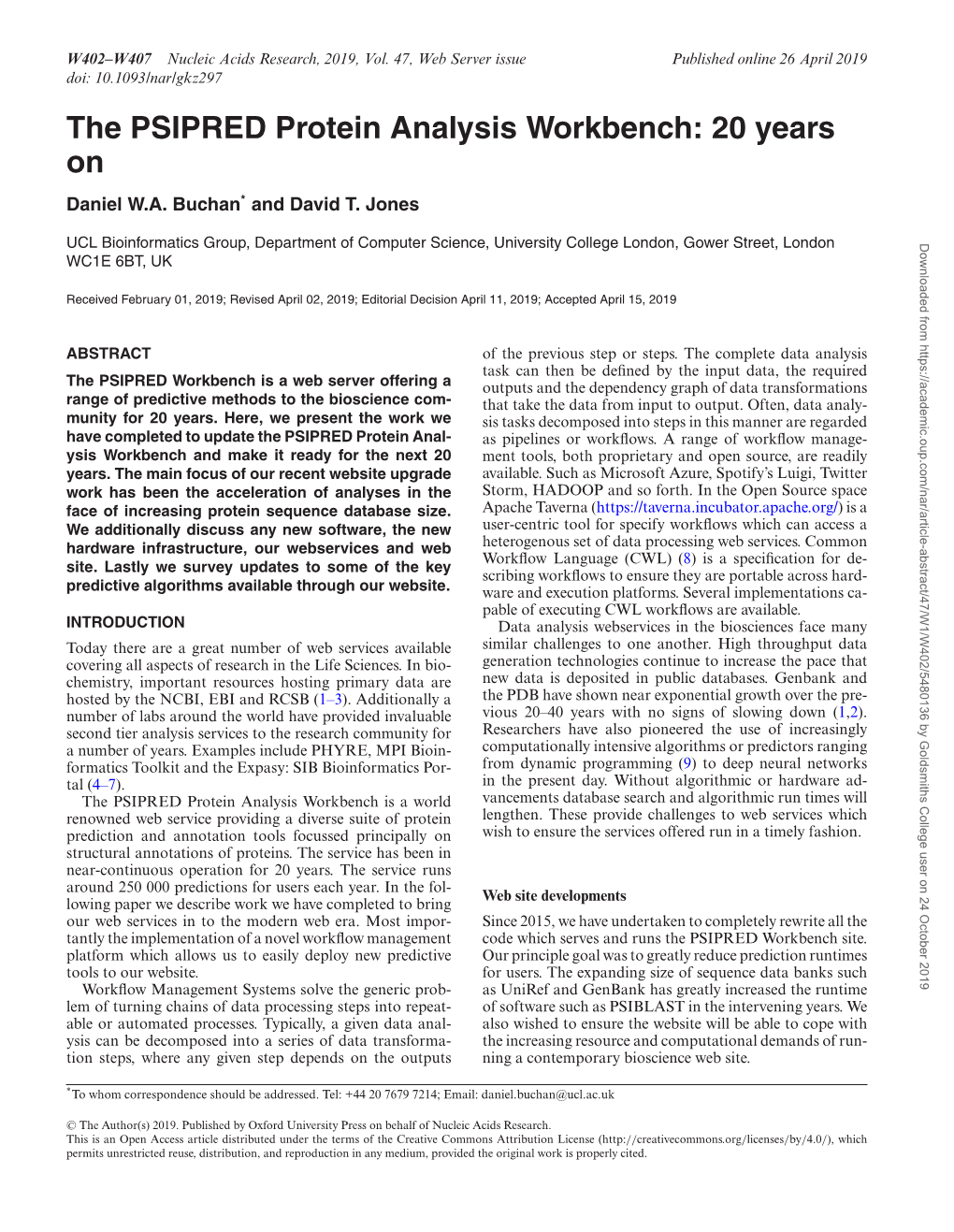 The PSIPRED Protein Analysis Workbench: 20 Years on Daniel W.A