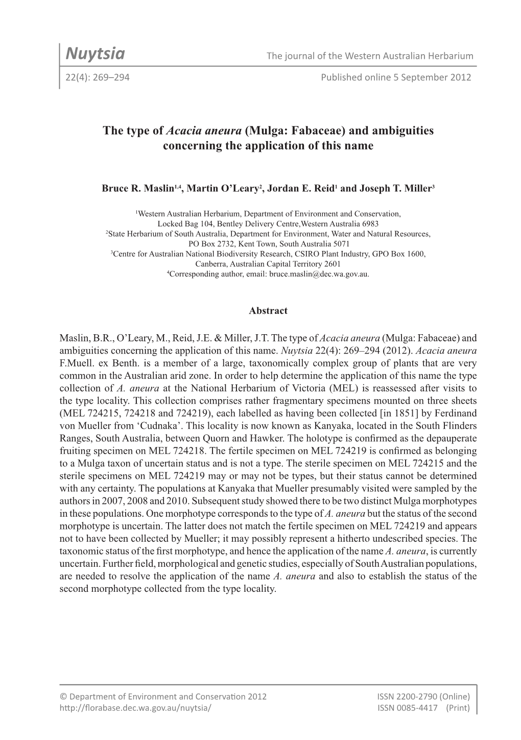 Nuytsia the Journal of the Western Australian Herbarium 22(4): 269–294 Published Online 5 September 2012