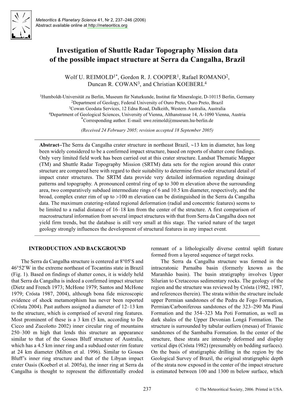 Investigation of Shuttle Radar Topography Mission Data of the Possible Impact Structure at Serra Da Cangalha, Brazil