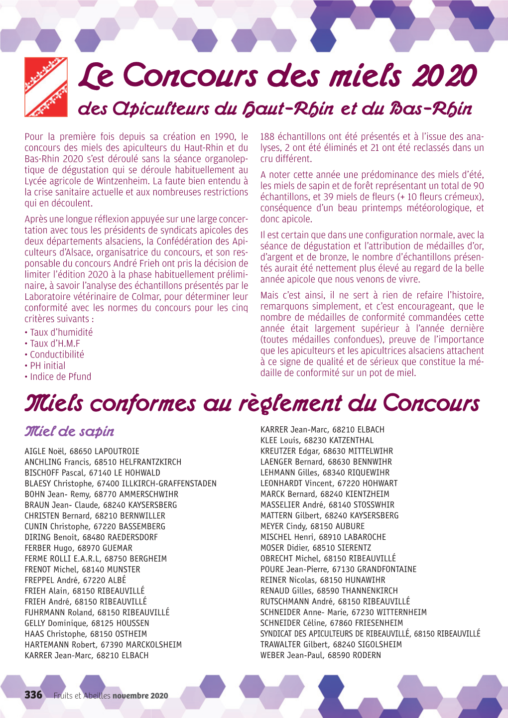 Le Concours Des Miels 2020 Des Apiculteurs Du Haut-Rhin Et Du Bas-Rhin