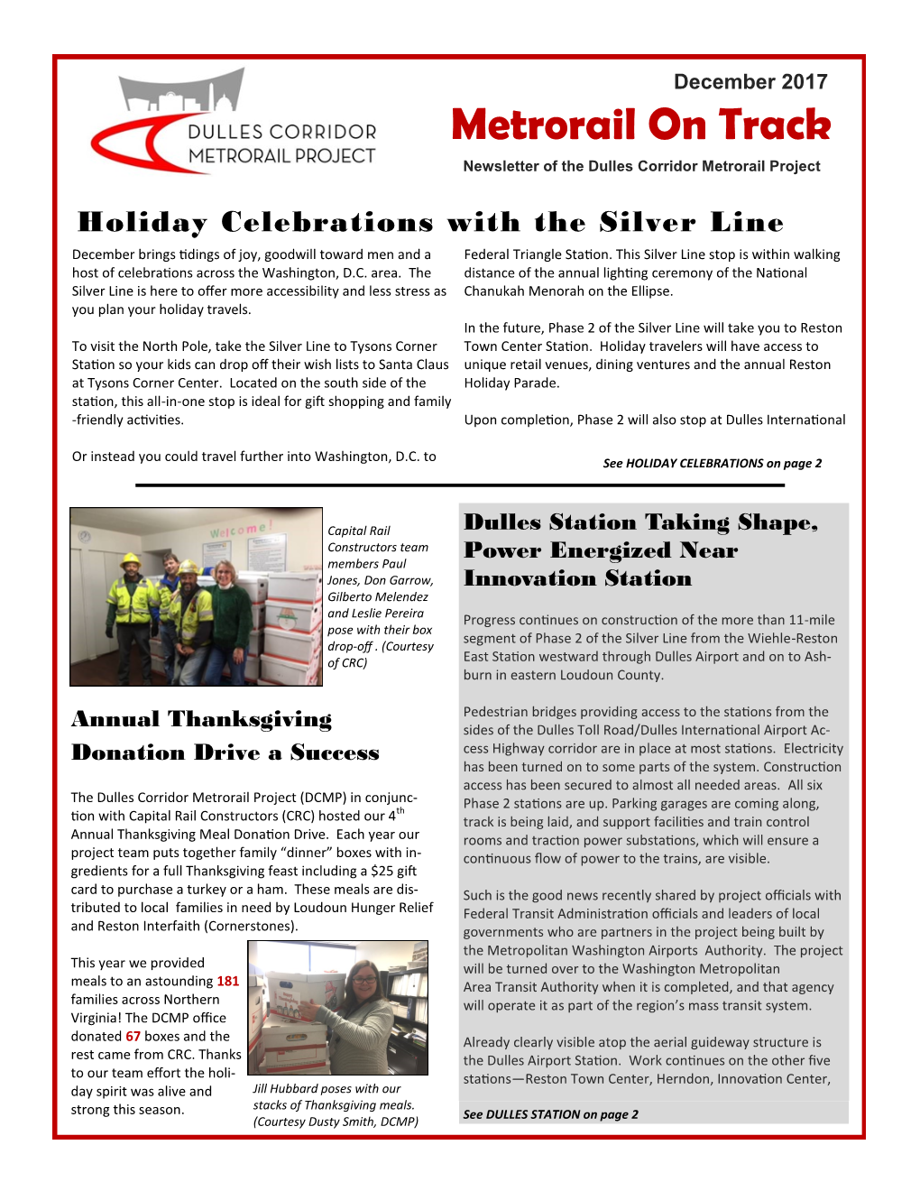 December 2017 Metrorail on Track Newsletter of the Dulles Corridor Metrorail Project