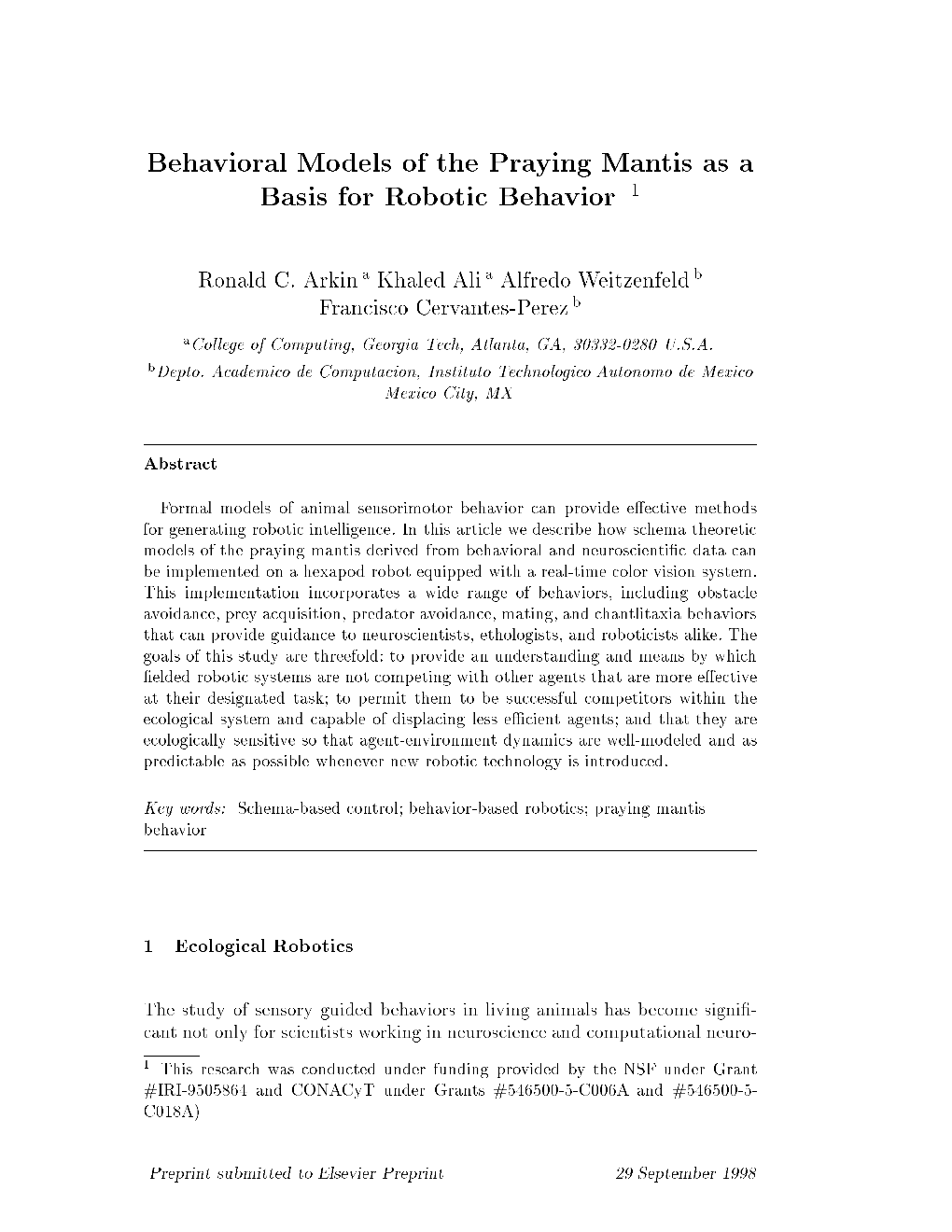 Behavioral Models of the Praying Mantis As a Basis for Robotic