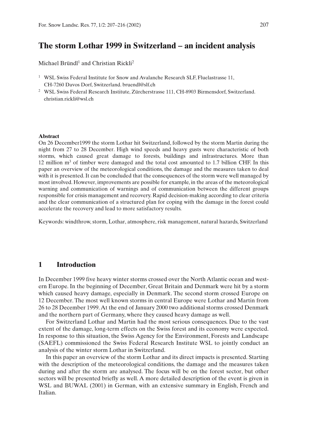 Storm Lothar 1999 in Switzerland – an Incident Analysis